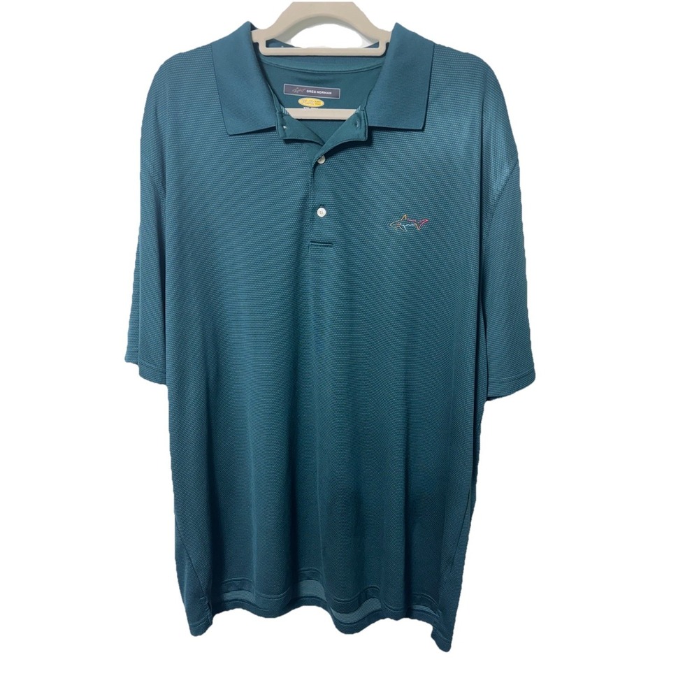 Greg Norman Play Dry Mens XXL Teal Blue Golf Polo Moisture Wicking Shark